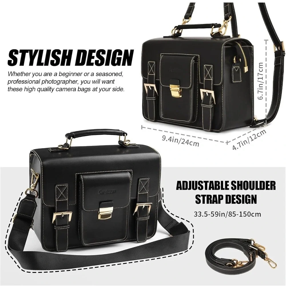 Cwatcun Camera Bag Retro PU Leather Crossbody Backpack Case